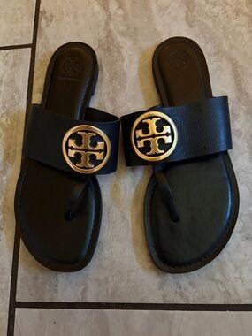 Tory Burch Black Leather Slide Sandals with Gold Logo Medallions